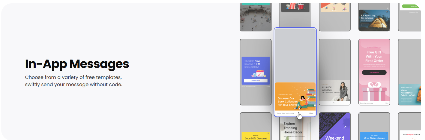 Examples of FlareLane's in-app message templates displayed on a landing page