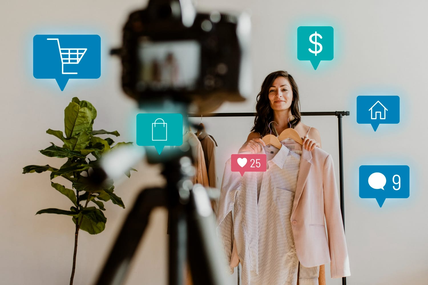 Icons symbolizing personalization, marketing, and e-commerce are hovering around a woman testing her clothes.