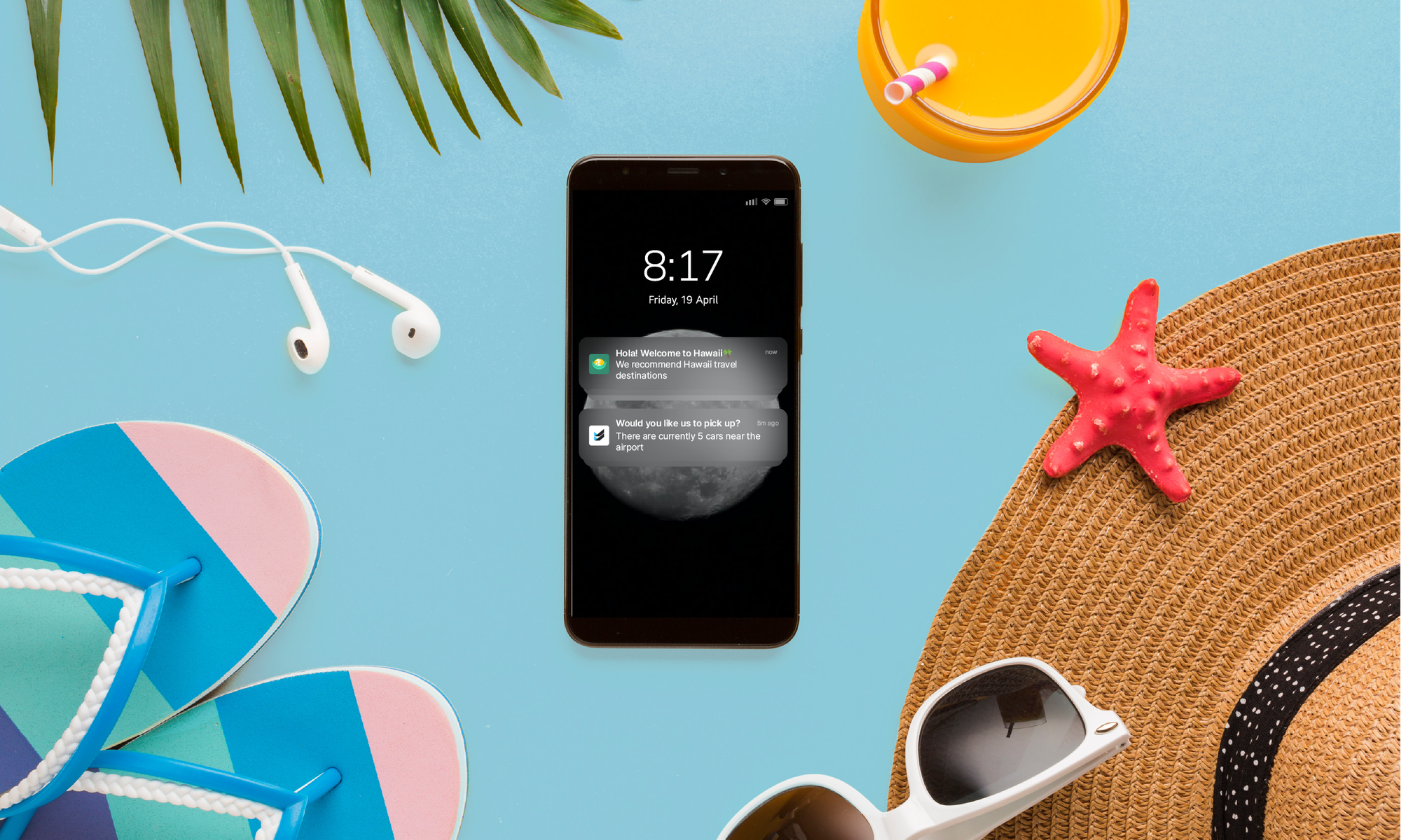 A colorful beach-themed image that has multiple travel-related objects around a mobile phone with push notifications. 