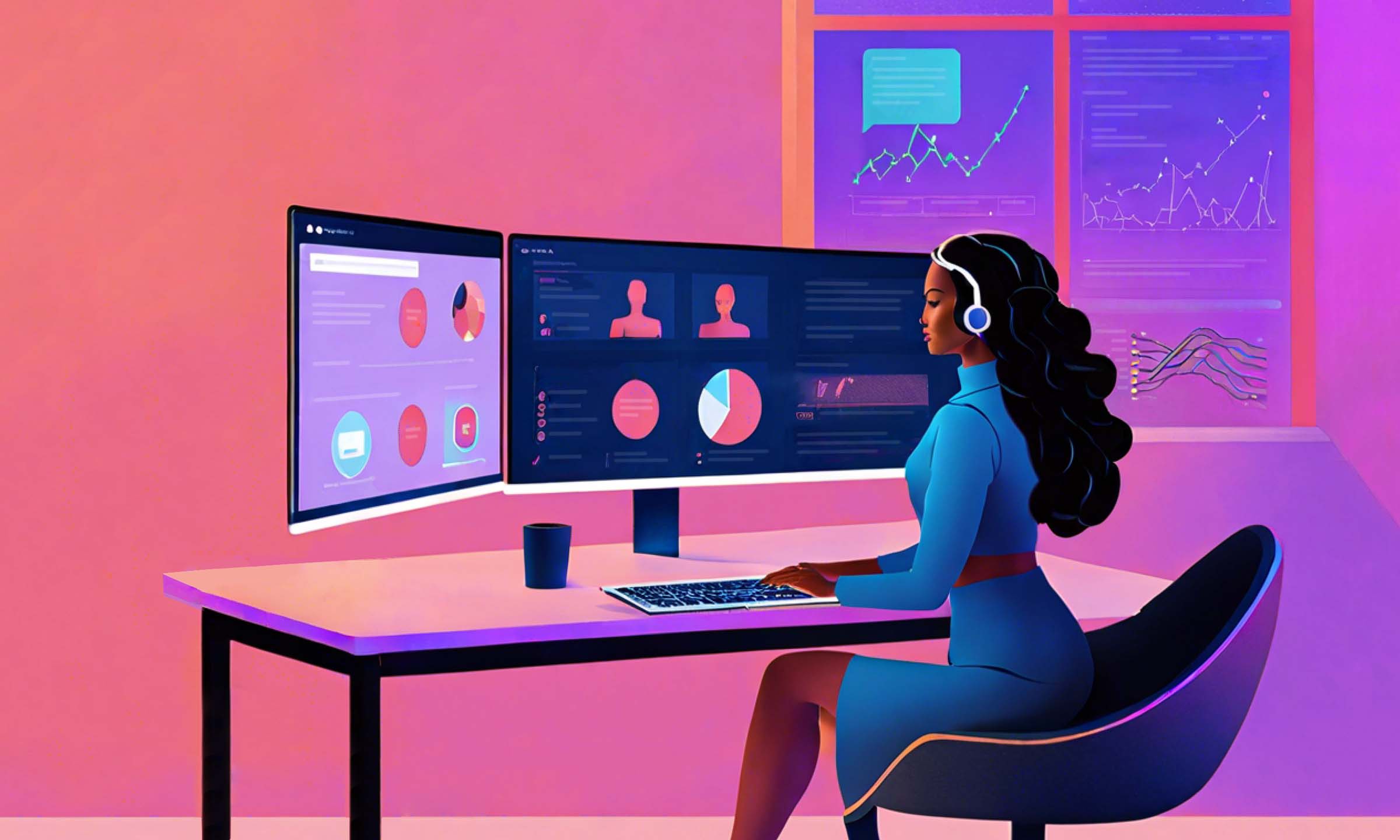 An AI-generated image of a female CRM marketer browsing her client's profile chart on a computer screen. 