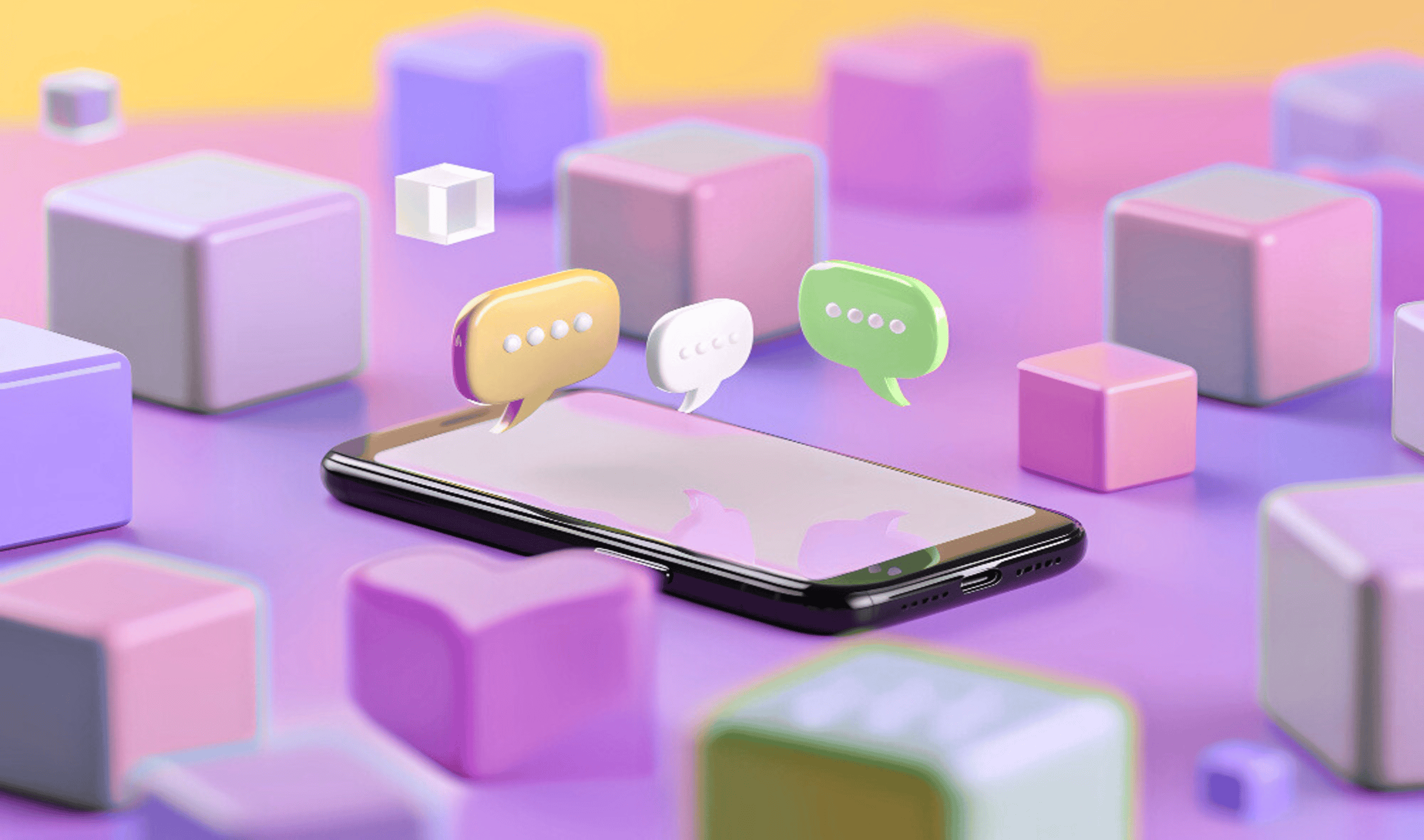 3D pop-up push notification blocks hover above a mobile phone.